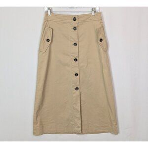 Ann Taylor sz 4 Midi Skirt Button Front Contrast Buttons Pockets Khaki Career